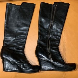 Kork-Ease Leather Black Tall Boots with Wedge Heel